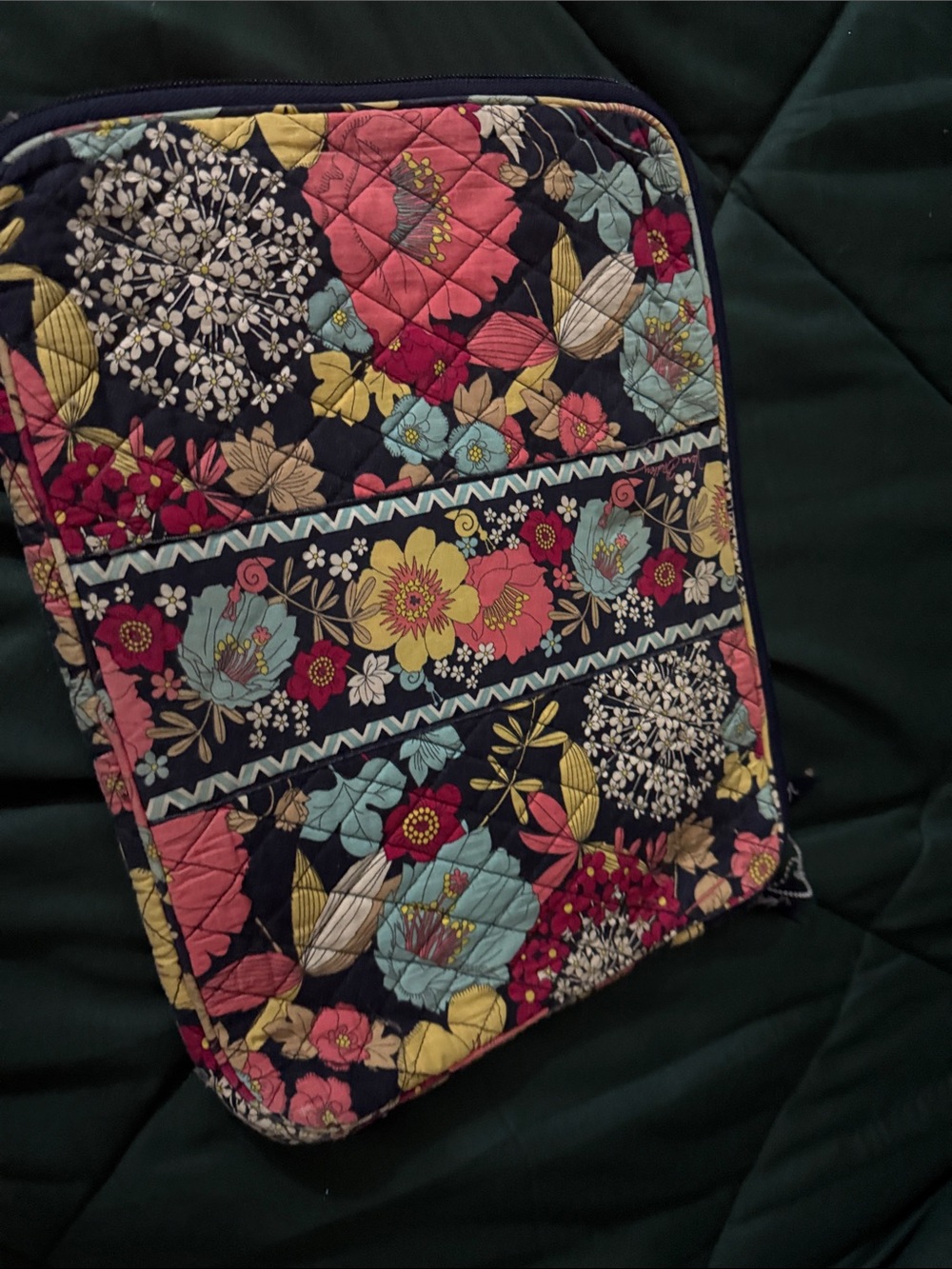 Vera Bradley Navy Floral Quilted Laptop Sleeve with Pink & Yellow Accents